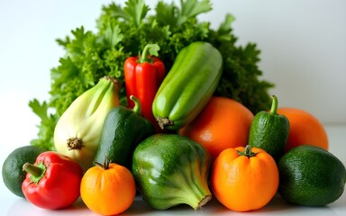 Green And Orange Vegetables And Fruits Stacked Abstract Composition. High quality