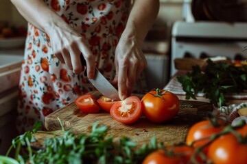 Woman slicing tomato