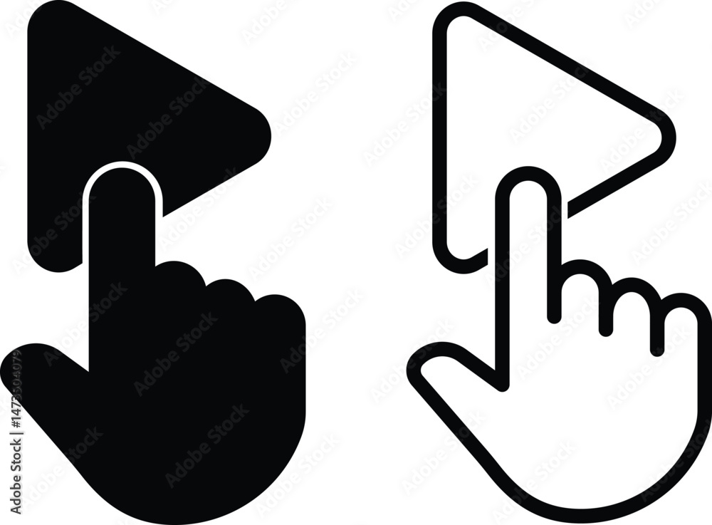 Poster play icon vector set. two black and white hand pointing to a button. symbol isolated white backgroun