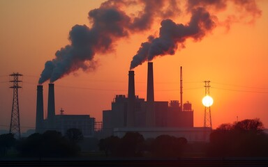 Industrial Plant at Sunset with Dark Smoke Emissions. High quality