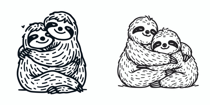Sloth Couple hugging tightly. Cartoon animal clipart silhouette vector illustration. Arboreal pair embracing slow mammal affinity affectionate wildlife bonding.