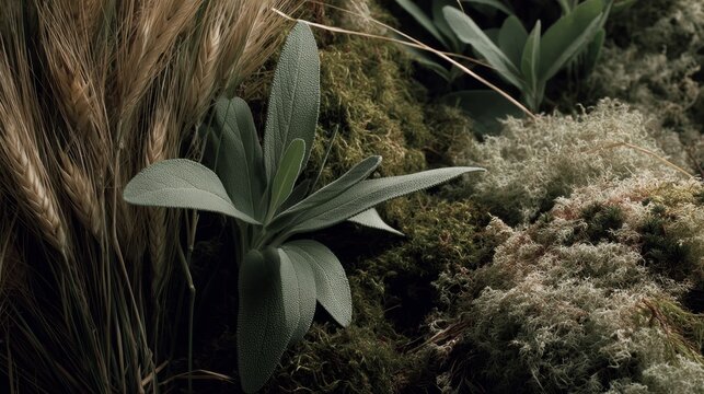 Close-up capture features serene sage leaves and lush moss intertwined with delicate grasses, showcasing calming natural textures in soft green tones