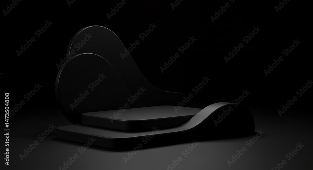 Poster minimalist black stage design with curved elements creating a modern and sleek platform for product 