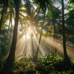 Naklejka premium Sunbeams through Tropical Palm Trees
