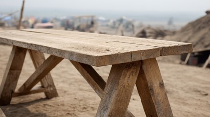 Fototapeta premium Rustic wooden table displayed prominently in the foreground, with a blurred, foggy wasteland of collapsed structures creating a post-apocalyptic atmosphere behind it