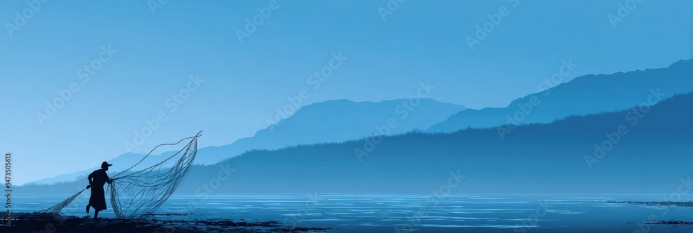 Aufkleber fisherman silhouette pulling net at dusk over calm waters with rolling hills in the background