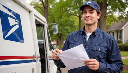 Smiling mail carrier holding letters near postal delivery truck
