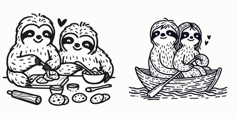 Sloth Couple baking cookies. Cartoon animal clipart silhouette vector illustration. Slow duo crafting biscuit delightful preparation culinary home venture.
