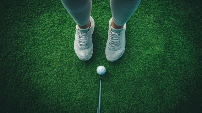 An aerial view of a golfer preparing to putt on a green.
