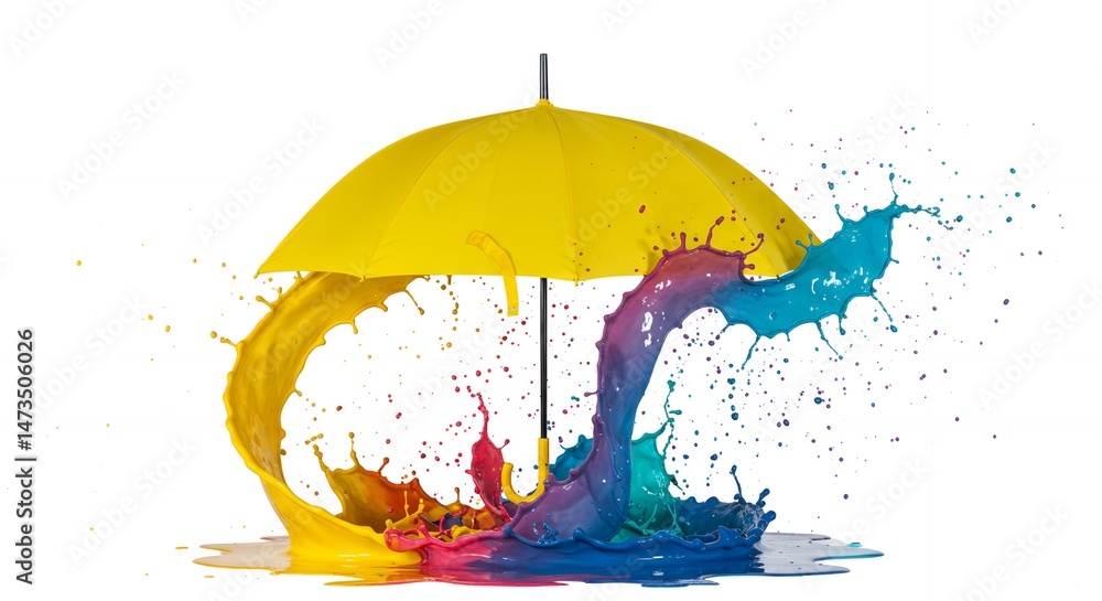 Poster vibrant yellow umbrella with colorful paint splatters exploding outwards, creating a dynamic and art