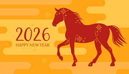 Happy 2026 New Year of the Horse, Lunar New Year or Chinese New Year. Paper applique, red horse on a yellow background. Greeting card or banner. Zodiac animal character.