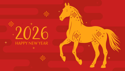 Happy 2026 New Year of the Horse, Lunar New Year or Chinese New Year. Paper applique, yellow horse on a red background. Greeting card or banner. Zodiac animal character.