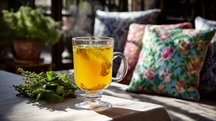 A steaming mug of herbal tea sits on a linen-covered table, illuminated by warm morning light in a cozy room adorned with soft, floral cushions