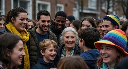 Fototapeta premium Diverse Group of Smiling People Creating a Cheerful Community Atmosphere Under Soft Overcast Lighting in Photorealistic Style
