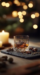 A glass of amber liquid, garnished with spices, on a dark stone coaster, surrounded by warm lights and candles