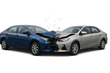 Two cars accident. Crashed cars. A red van against a silver sedan. Big damage. Isolated on white background.