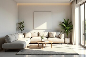 Fototapeta premium Serene minimalist living room Neutral tones, simple furniture, natural light , spacious, japanese, sofa
