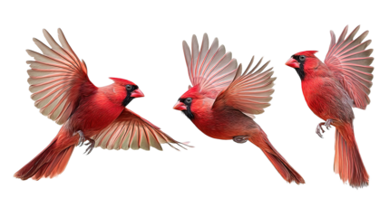 northern cardinal bird set red cardinal in flight, collection of 3, front left right angle variation, cutout isolated white background