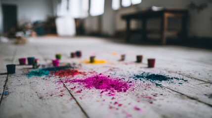 Close-up view captures a lively palette of splattered colors on a wooden table, showcasing artistic potential. Natural light enhances the vibrant hues