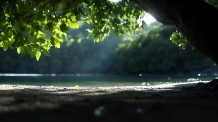 Fototapeta premium Serene lakeside view featuring sunlight dappled through leafy boughs shadows