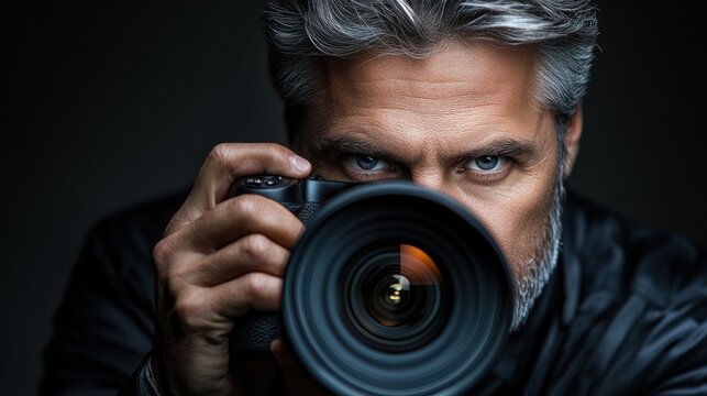 Filmmaker behind camera, eye fixed on lens, adjusting focus, face reflecting creativity, papers scattered on a desk with planning notes.