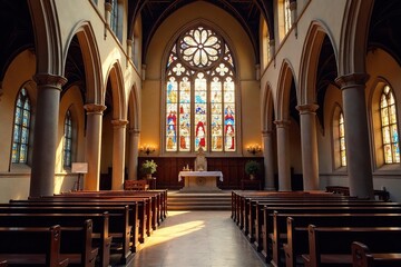 Obraz premium Serene interior of a traditional church, showcasing stained glass and altar , gothic, peaceful