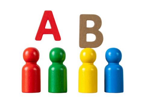 A gold coin wColorful wooden toy people in different colors stand on the tableith a Bitcoin symbol, on a transparent background 