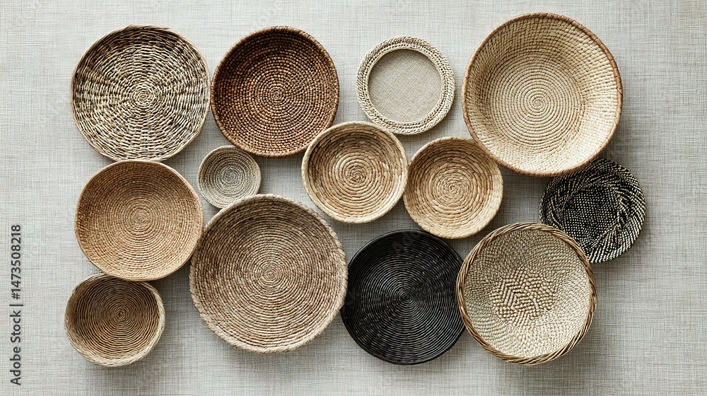 Poster woven circular baskets in varying sizes and tones arranged on a light surface.