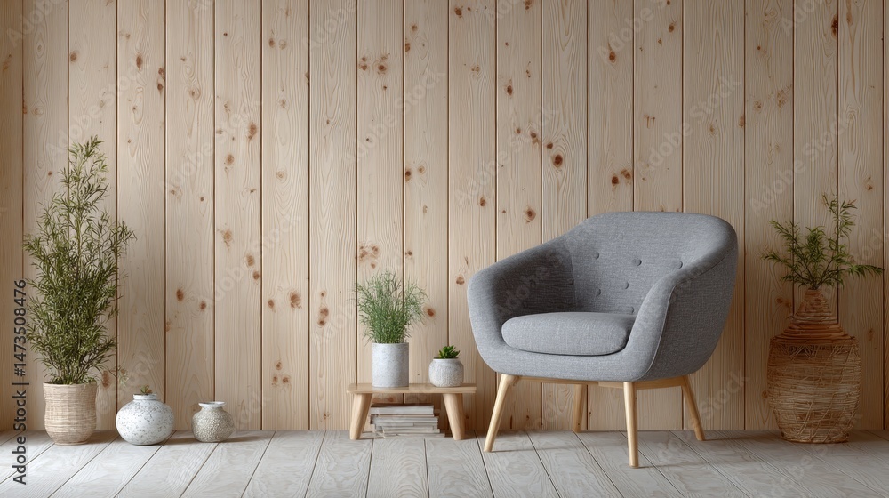 Aufkleber a textured gray armchair is placed in front of a light timber-paneled wall. natural decor elements e