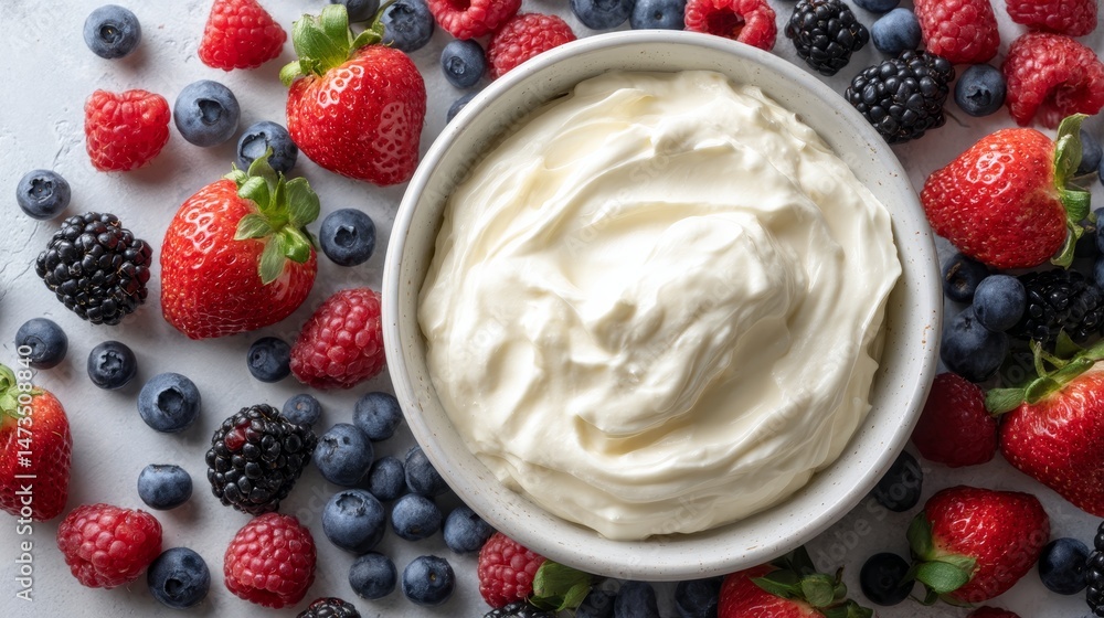 Poster Overhead macro shot features a speckled bowl filled with creamy yogurt, surrounded by an array of vibrant, fresh berries against a bright backdrop