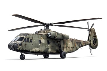 Fototapeta premium Isolated military helicopter with camouflage paint scheme against a white background studio shot