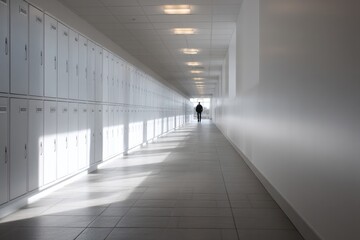 Long corridor lined with lockers, softly illuminated by natural