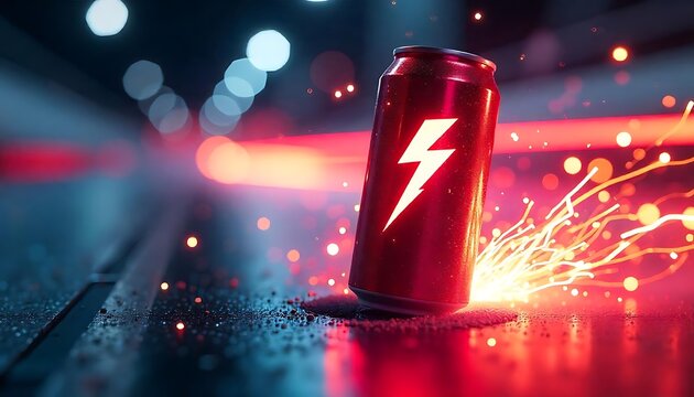 Red Energy Drink Can with Sparks Night City Background