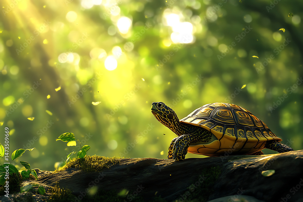 Poster a serene turtle basking on a log in a sunlit forest, surrounded by lush greenery and soft light