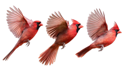 northern cardinal bird set red cardinal in flight, collection of 3, front left right angle variation, cutout isolated white background