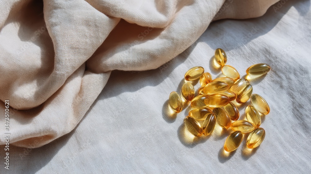Poster glossy golden vitamin capsules are scattered on textured white linen, illuminated by soft natural li