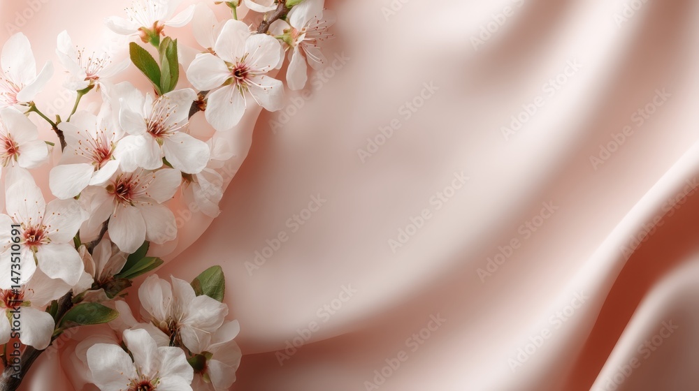 Poster Cherry blossoms rest on smooth silk, glowing softly to create a serene atmosphere with a pastel palette and empty space on the right