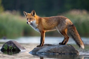 Fototapeta premium Red Fox on Rock in Water – Close-Up Wildlife Nature Photography