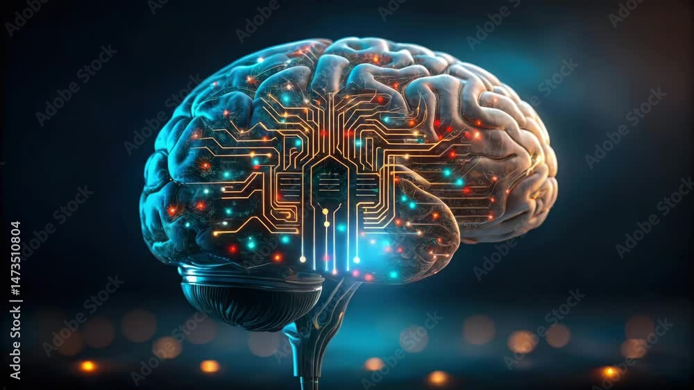 Aufkleber a futuristic brain with circuitry, symbolizing the intersection of biology and technology in artific