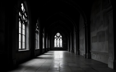 Fototapeta premium Long Dark Monochrome Corridor with Gothic Architecture. High quality