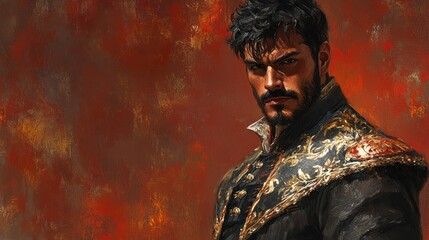 The portrait of a Latin American, with wavy black hair and dressed in a traditional charro costume, exudes confidence and cultural pride.