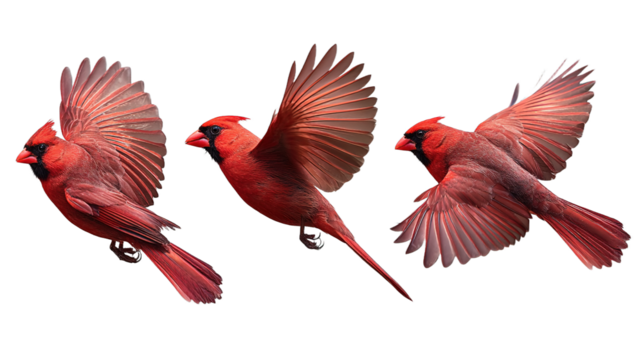 northern cardinal bird set red cardinal in flight, collection of 3, front left right angle variation, cutout isolated white background