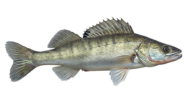 Isolated Zander Fish showcasing detailed fins and scales on a clear background