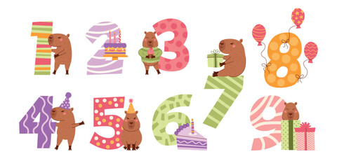 Numbers from 0 to 9 set with capybara, cake, balloons, gift boxes. 1, 2, 3, 4, 5, 6, 7, 8, 9, 0 collection. Pastel numbers for different ages of kids for birthday party. Vector illustration.