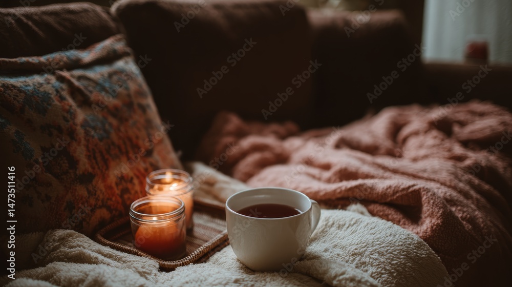 Poster soft blankets drape over the couch while a tea tray and lit candles create an inviting atmosphere in