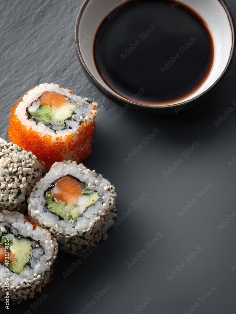 Poster Sushi Roll Close-Up With Colorful Ingredients and Soy Sauce in a Minimalist Setting