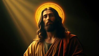 Softly lit Renaissance-style depiction of Jesus, ethereal glow, ample negative space, white, detail