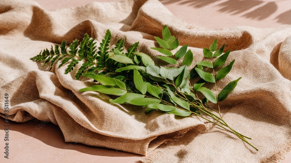 Poster Eucalyptus and fern leaves overlap softly on a textured fabric in warm natural light, casting gentle shadows and creating a serene, inviting composition