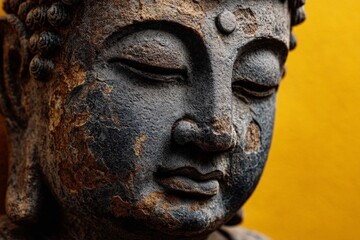 a buddha statue with closed eyes on a yellow background