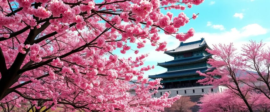 Pink cherry blossoms frame ancient Korean palace Vast sky , pink flowers, spring